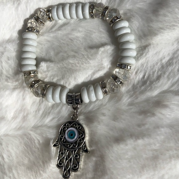 White Beaded Hamsa and Evil Eye Bracelet - Picture 3 of 8